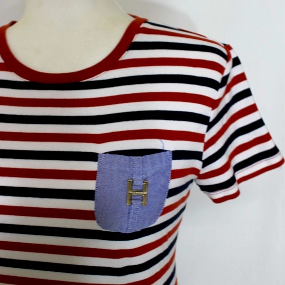 TOMMY HILFIGER Red, Black & White Bodycon Dress Size Small T-Shirt Style Striped - Picture 8 of 10